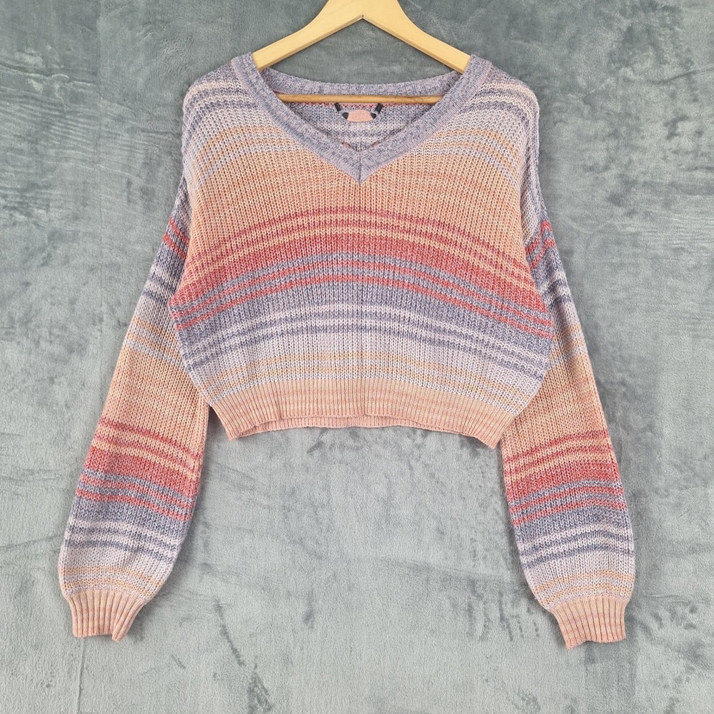 Womens Sweater‎ Medium Indie Boho Rainbow Striped Cropped Cozy Knit Oversized